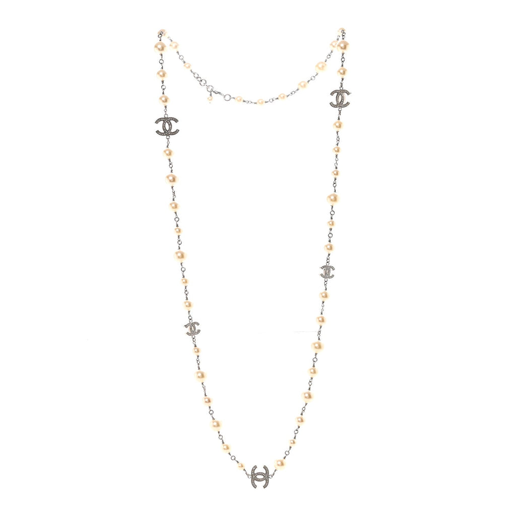 Graduated Pearl Crystal CC Long Necklace Silver