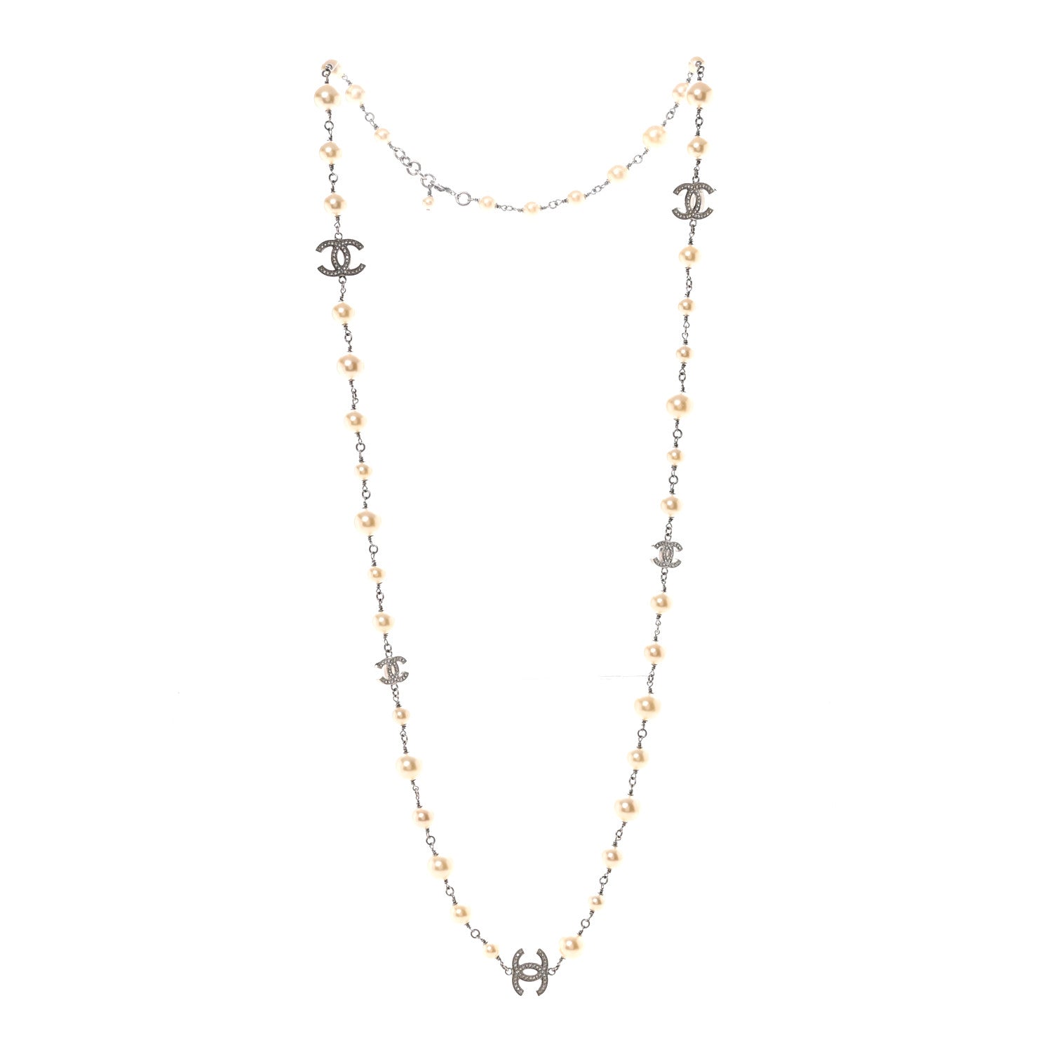 Graduated Pearl Crystal CC Long Necklace Silver