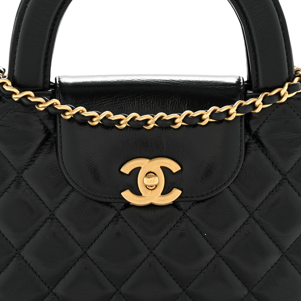 Chanel Shiny Aged Calfskin Quilted Nano Kelly Shopper Black