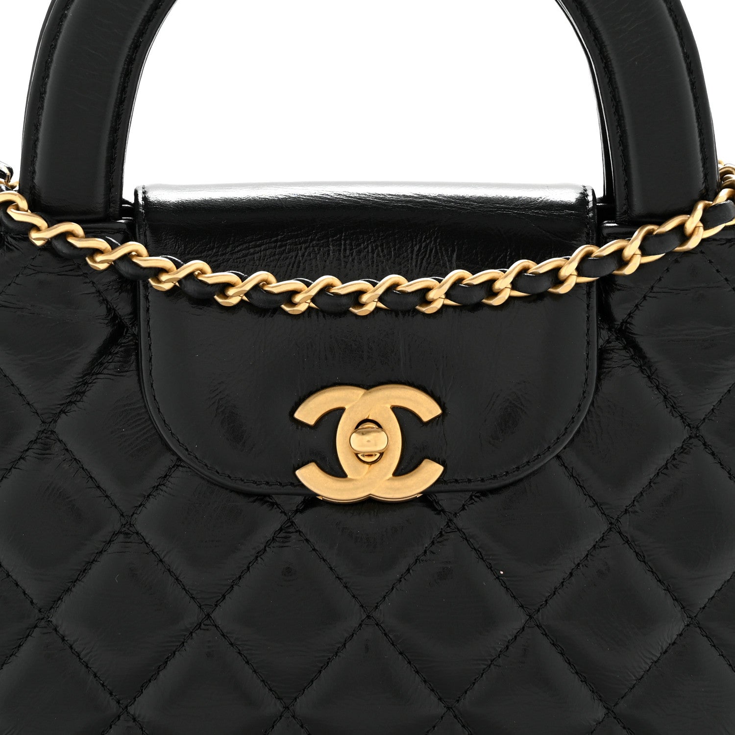Chanel Shiny Aged Calfskin Quilted Nano Kelly Shopper Black