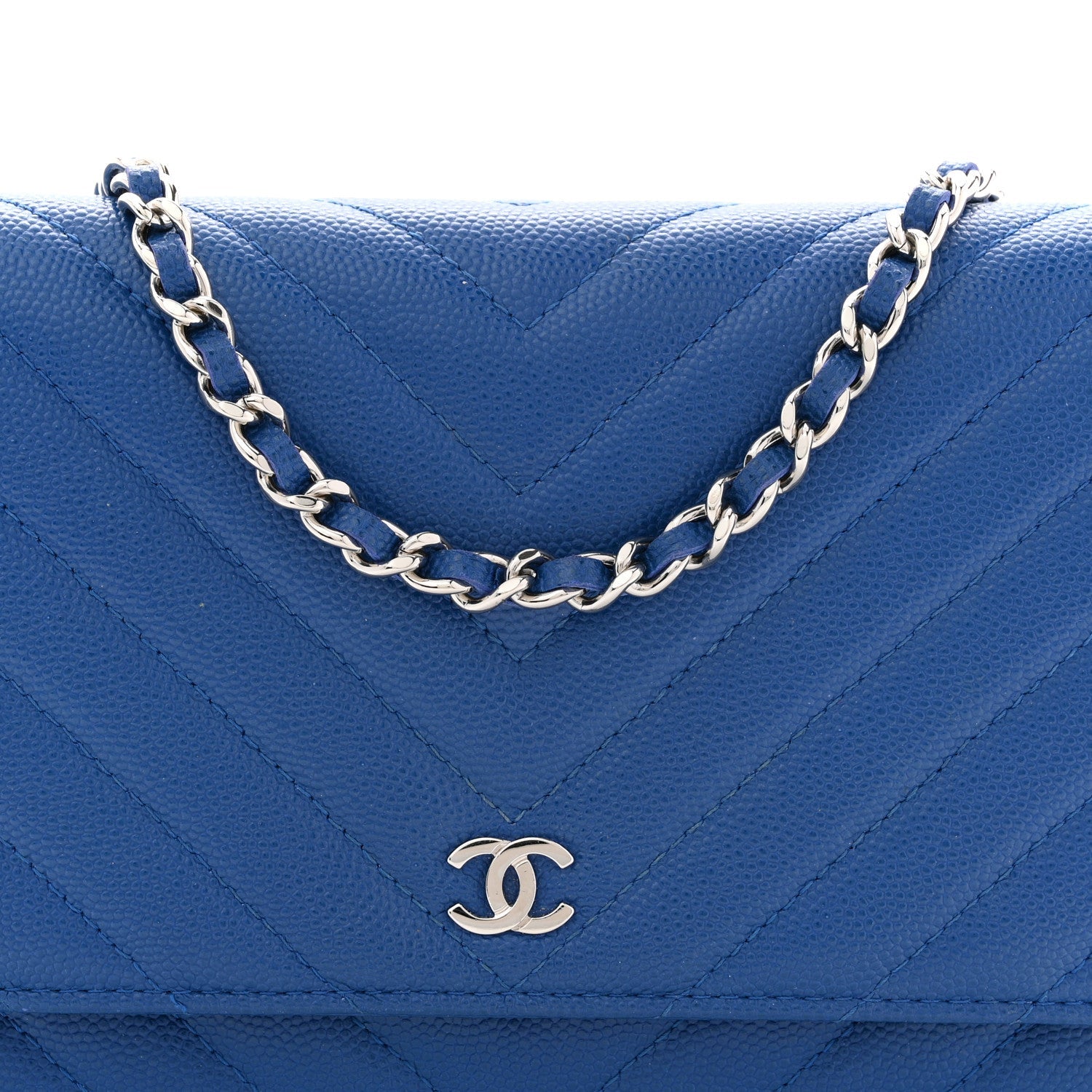 Chanel Caviar Chevron Quilted Wallet On Chain WOC Blue