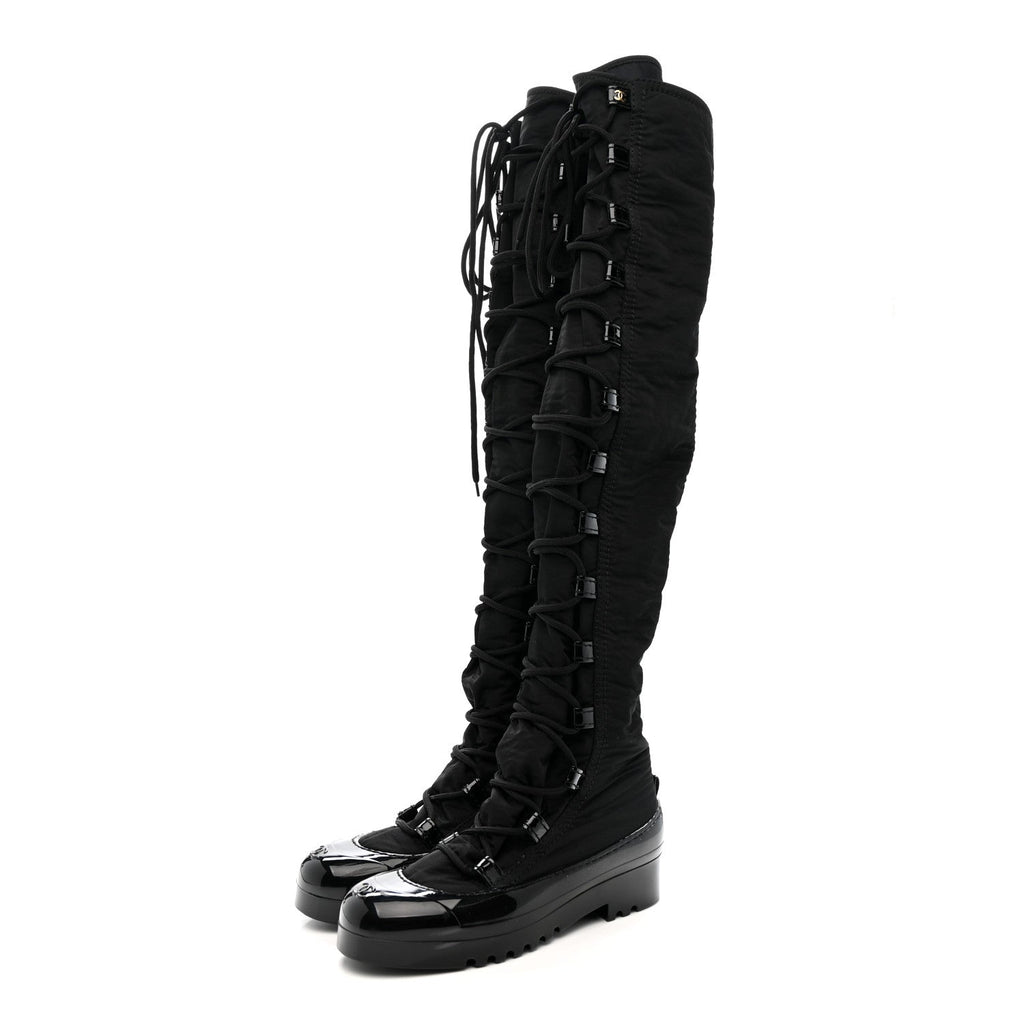 Nylon Rubber CC Lace Up Thigh High Boots 40 Black