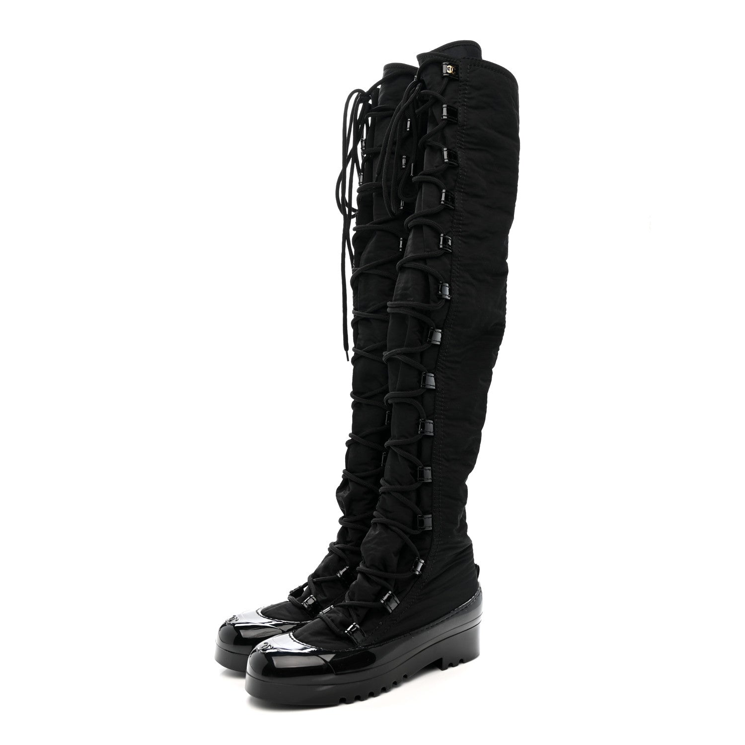 Nylon Rubber CC Lace Up Thigh High Boots 40 Black