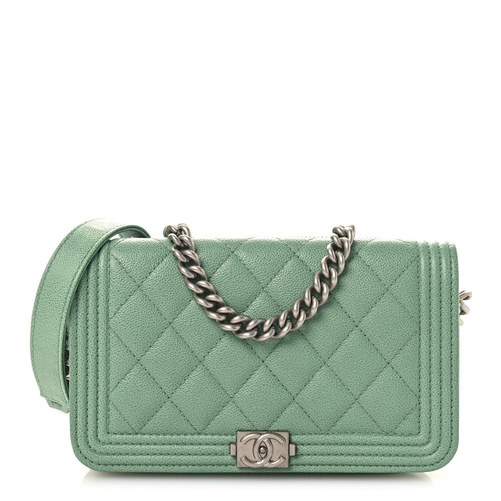 Chanel Caviar Quilted Boy Phone Holder Wallet On Chain Green
