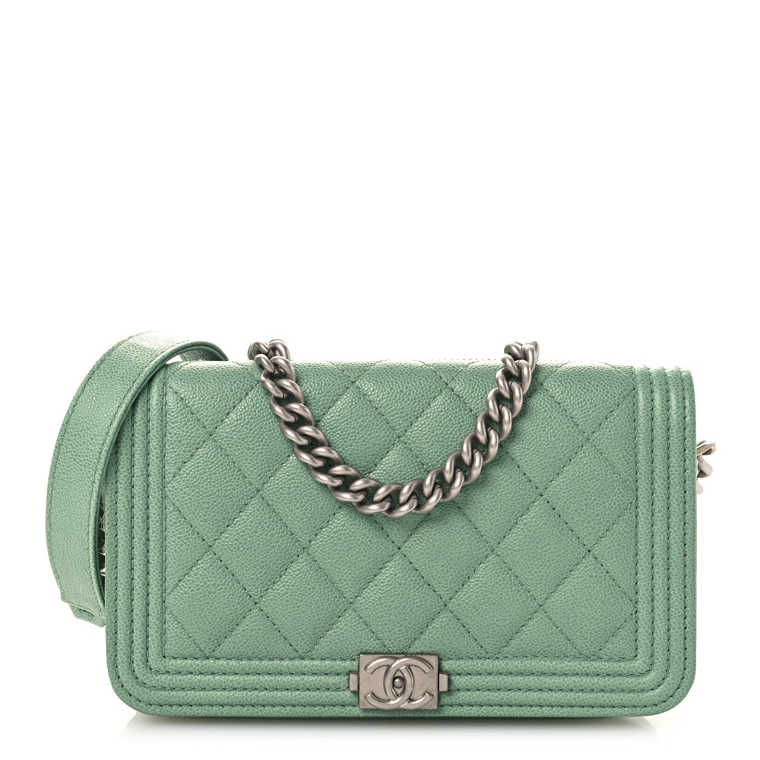 Chanel Caviar Quilted Boy Phone Holder Wallet On Chain Green