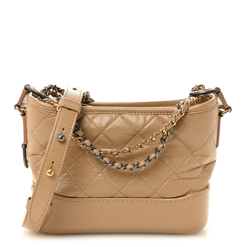 Chanel Aged Calfskin Quilted Small Gabrielle Hobo Beige