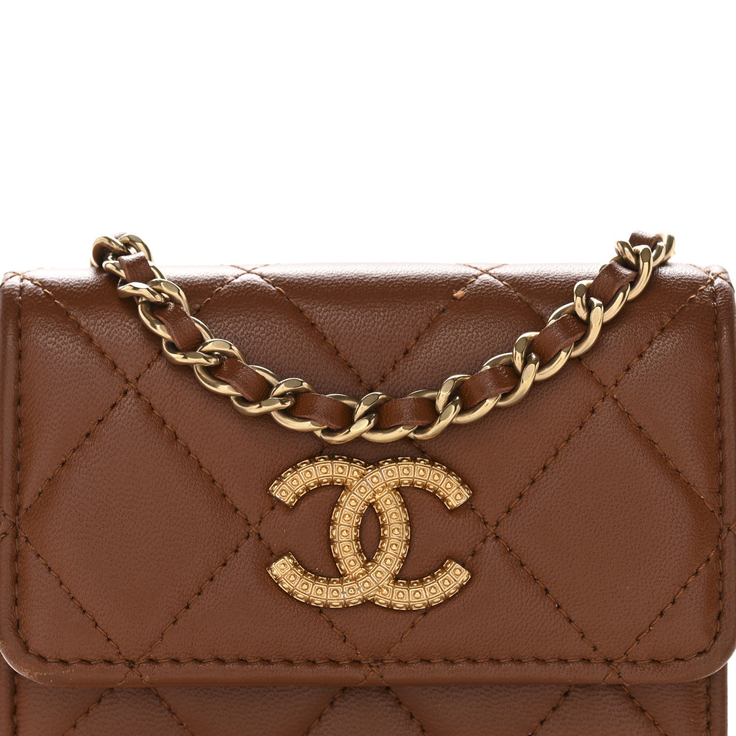 Chanel Lambskin Quilted Studded CC Clutch With Chain Brown