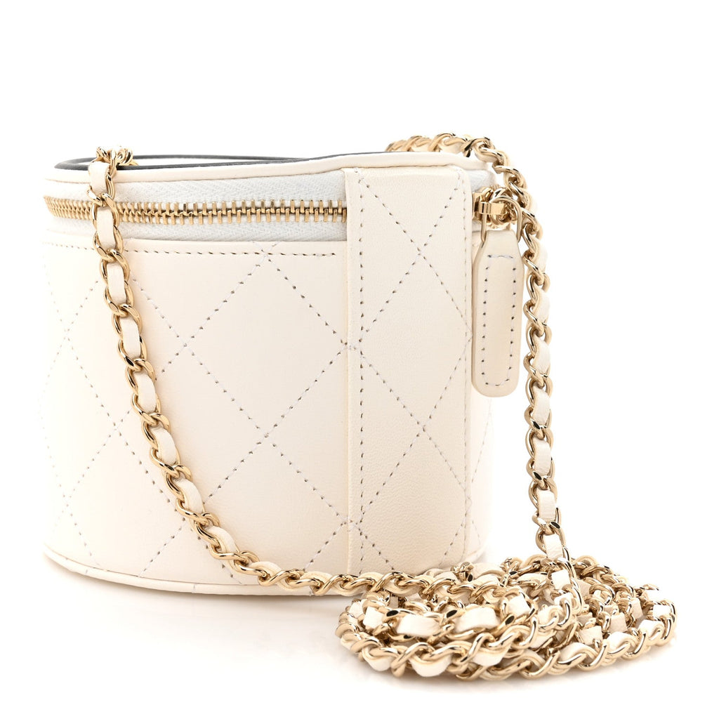 Chanel Lambskin Quilted Round Small Vanity Case With Chain White Black