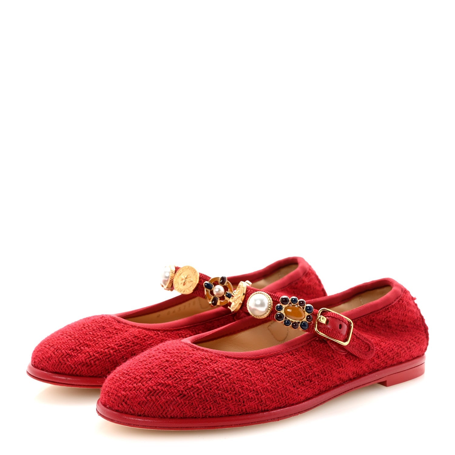 Chanel Wool Tweed Patent Mary Jane Flats 36 Red