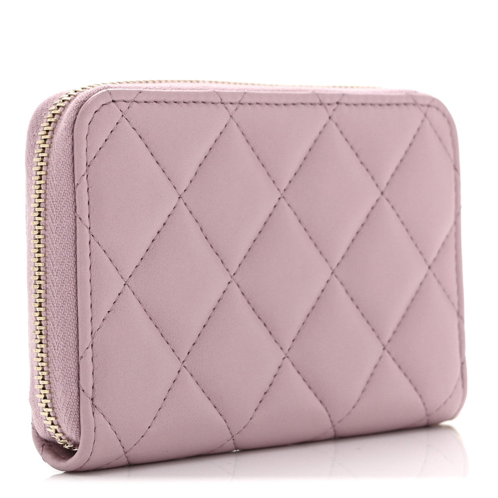 Lambskin Quilted Pearl Crystal CC Zip Around Coin Purse Wallet Pink