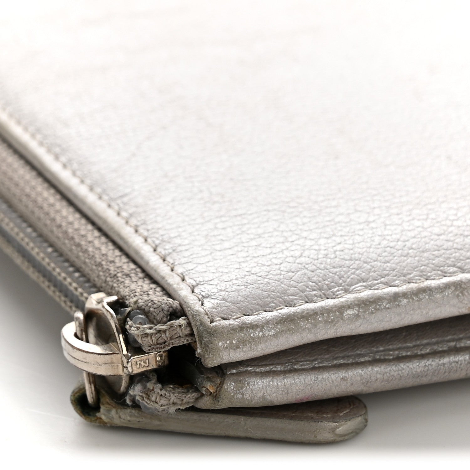 Metallic Goatskin Camellia Embossed Zip Around Wallet Silver