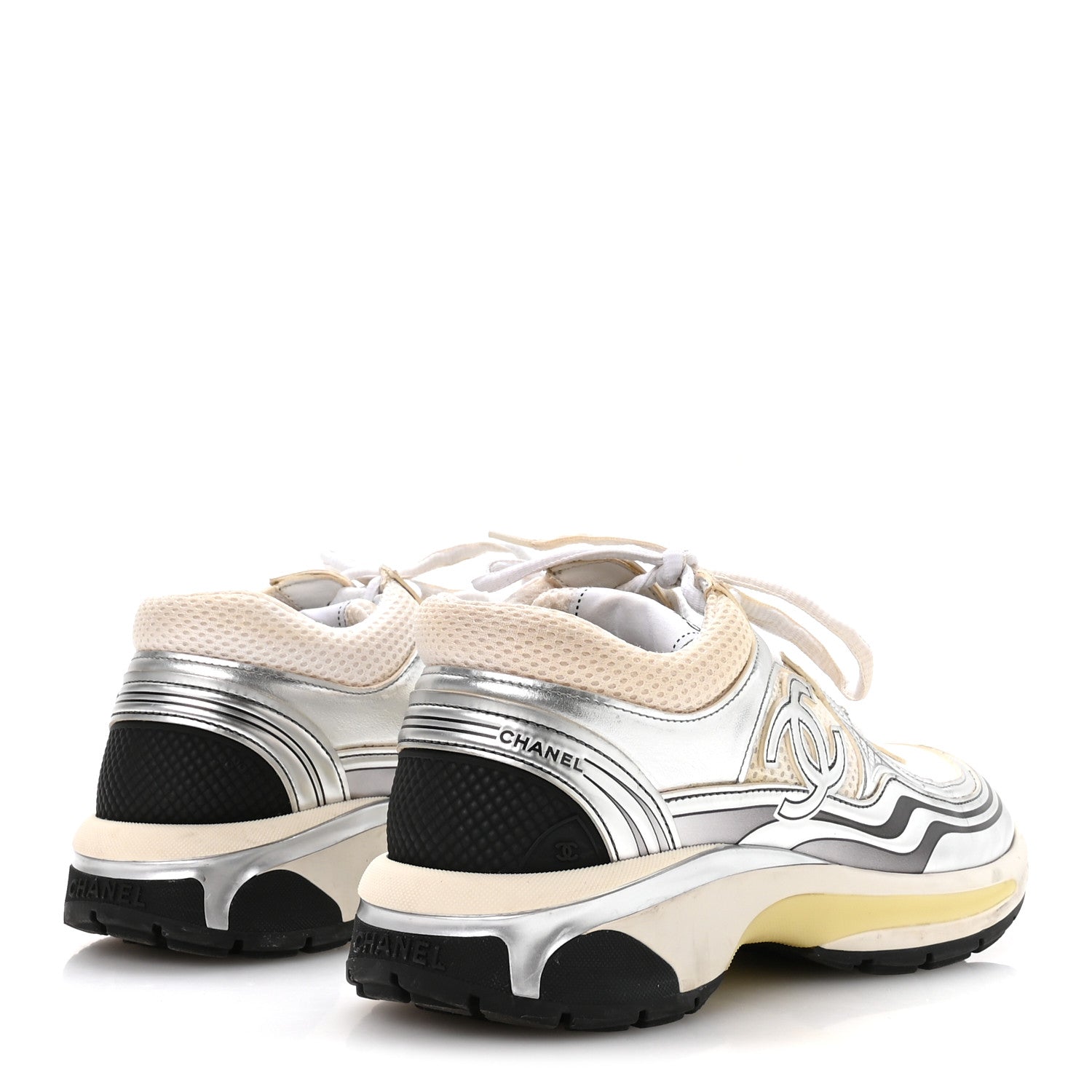 Fabric Laminated Calfskin Stretch CC Sneakers 38.5 White Silver