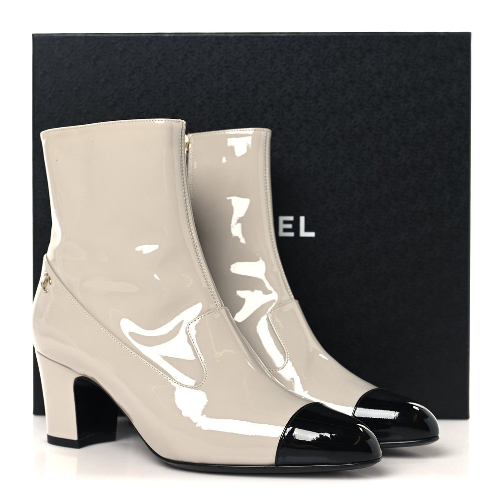 Patent Calfskin Ankle Boots 38.5 Light Gray Black