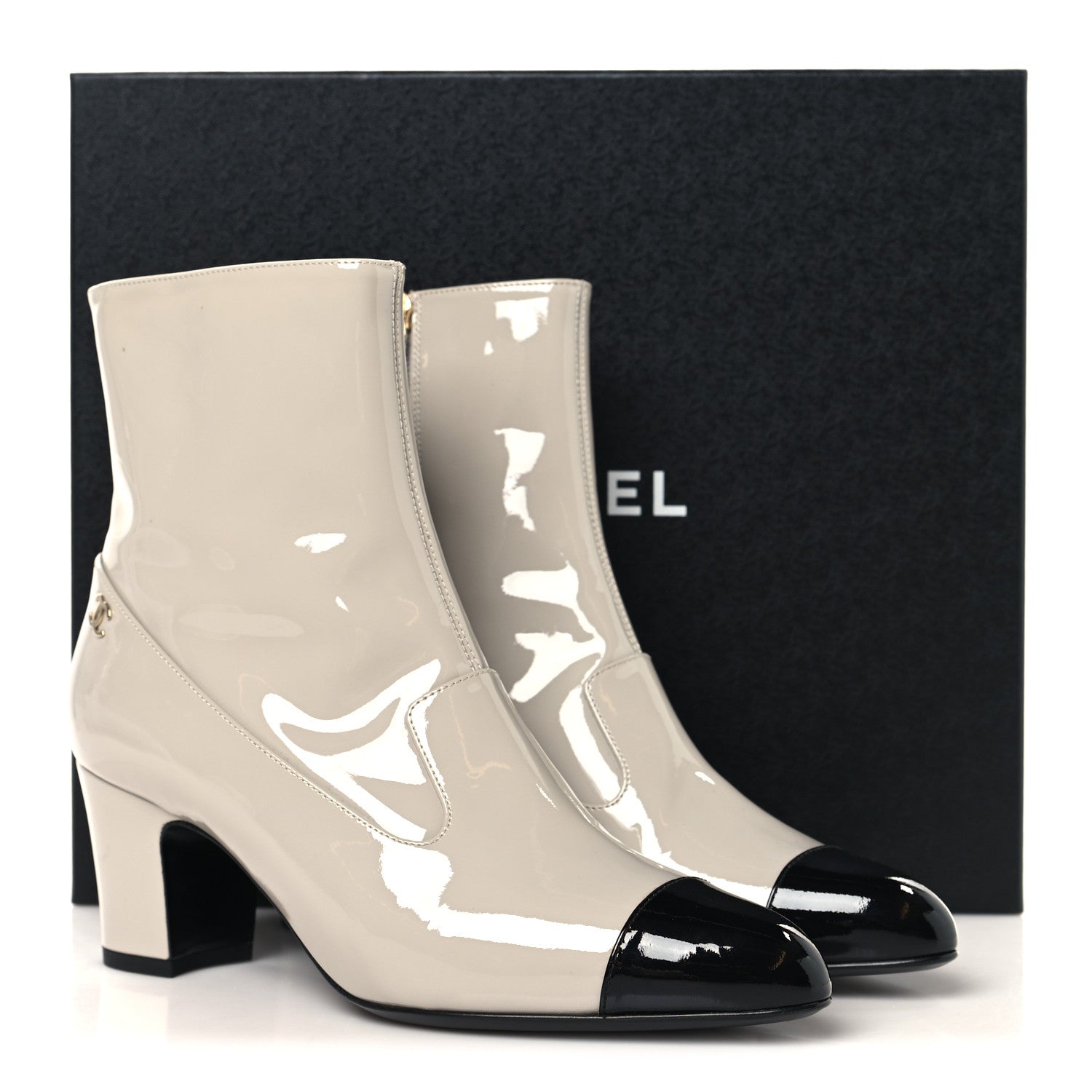 Patent Calfskin Ankle Boots 38.5 Light Gray Black