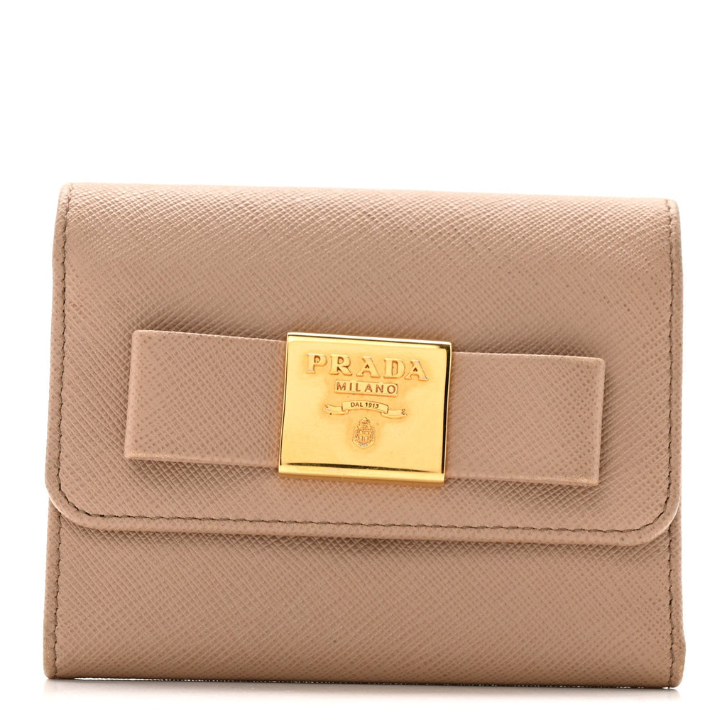 Prada Saffiano Tri-Fold Bow Wallet Cammeo