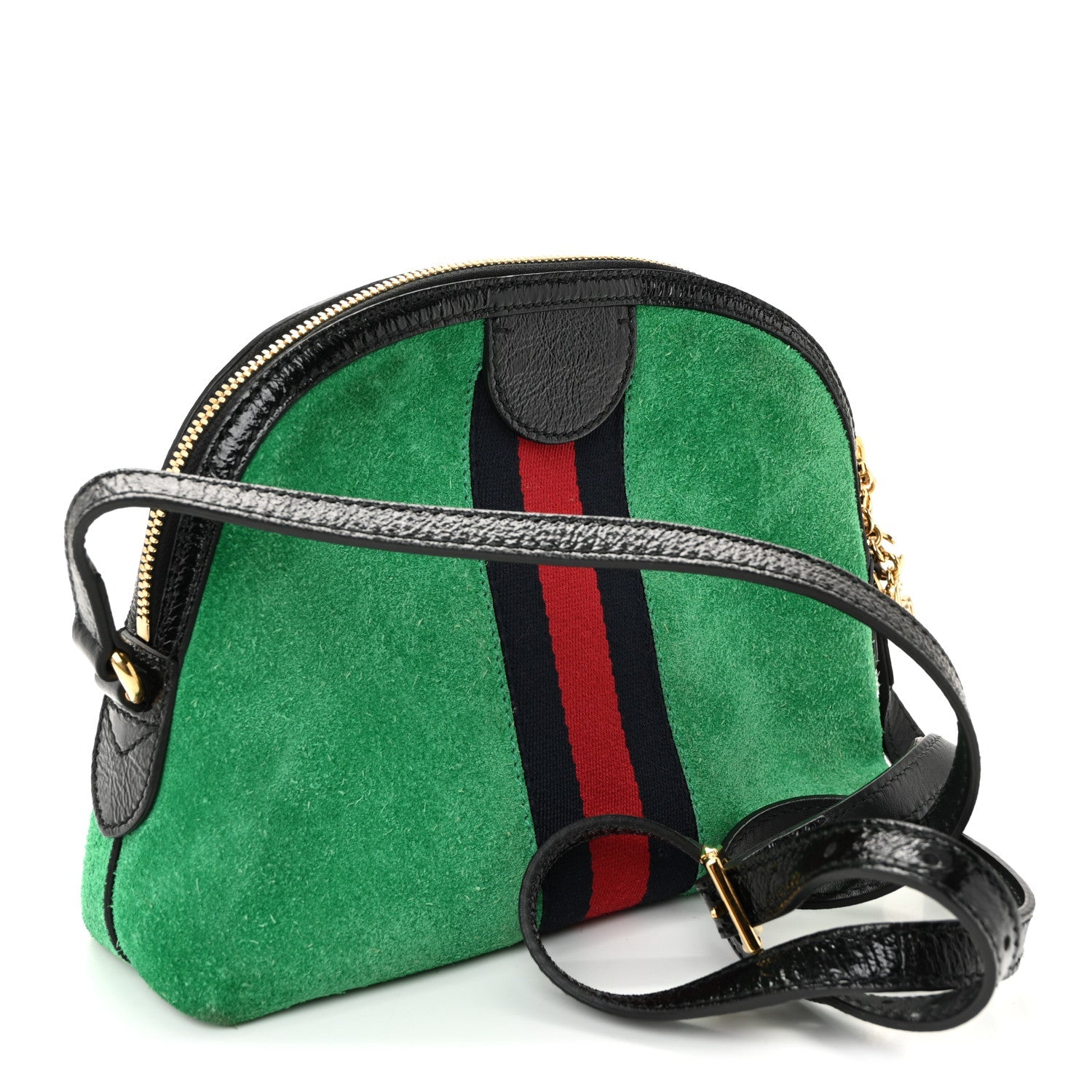 Gucci Suede Patent GG Web Small Ophidia Dome Shoulder Bag New Shamarock Black