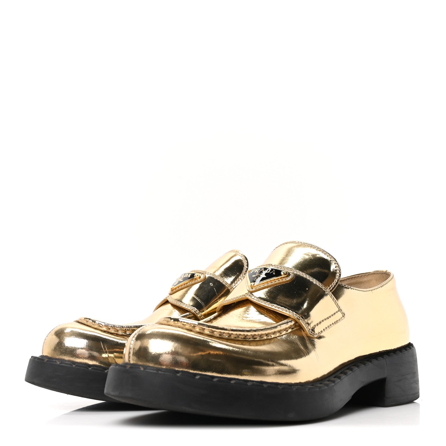 Prada Metallic Brushed Calfskin Metal Triangle Logo 50mm Loafers 39.5 Platino
