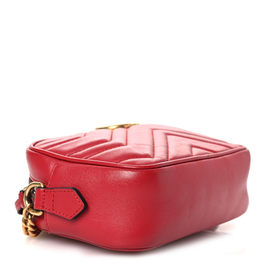 Gucci Calfskin Matelasse Mini GG Marmont Chain Shoulder Bag Hibiscus Red