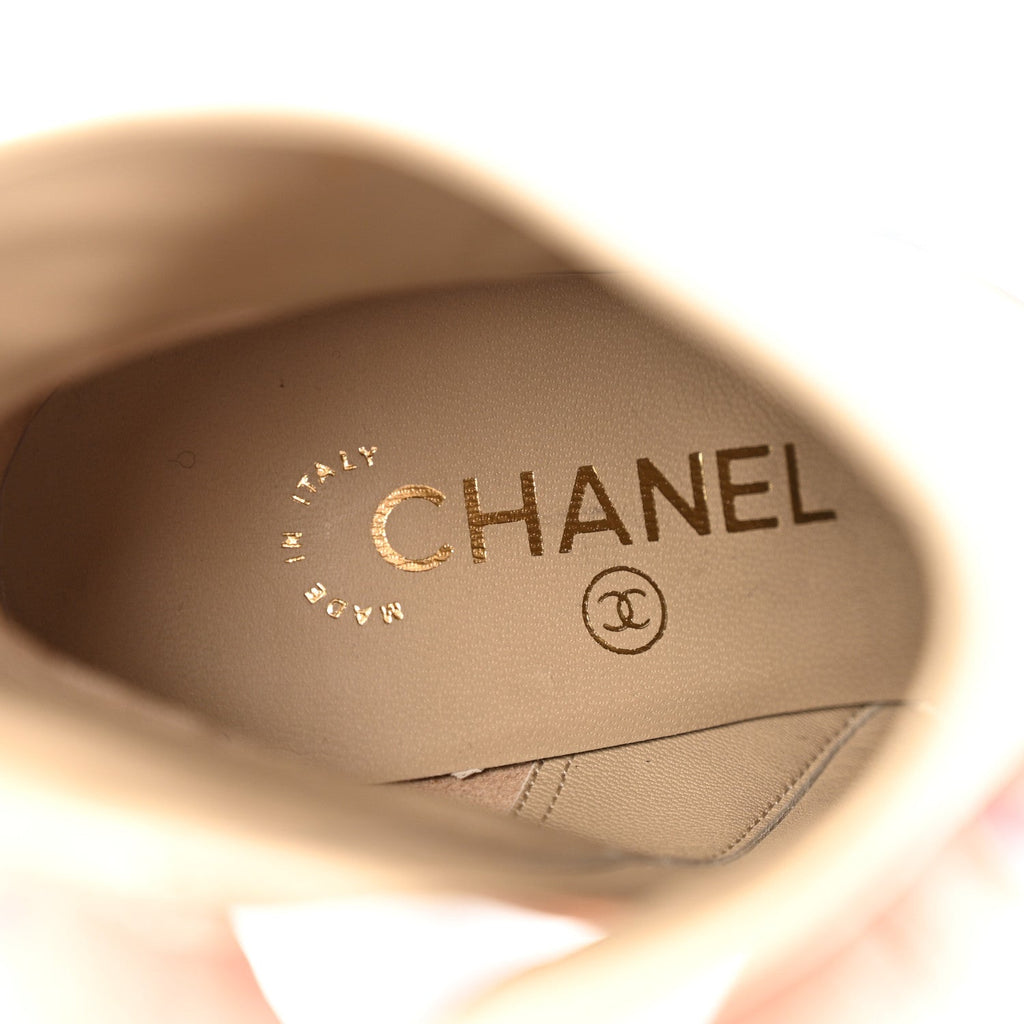 Chanel Tumbled Calfskin CC Short Boots 36 Beige Black