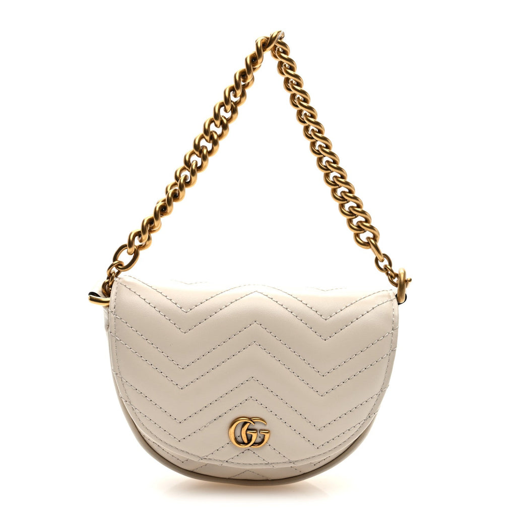 Gucci Calfskin Matelasse Mini GG Marmont Chain Belt Bag Mystic White