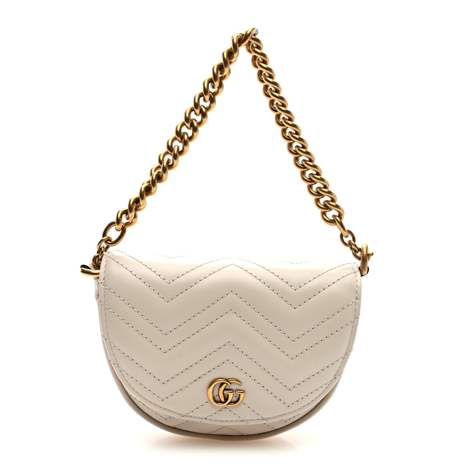 Gucci Calfskin Matelasse Mini GG Marmont Chain Belt Bag Mystic White