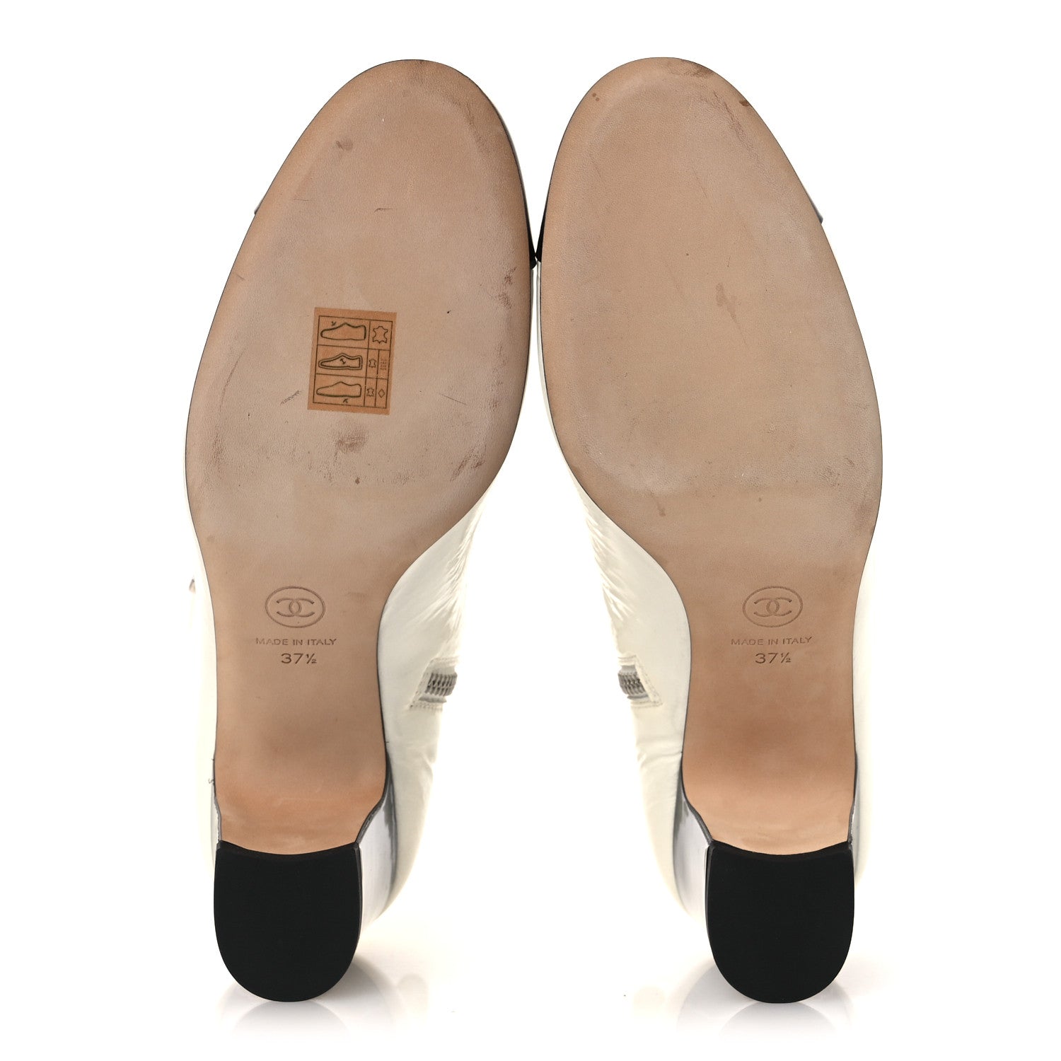 Crumpled Patent Calfskin Cap Toe CC Turnlock Ankle Short Boots 37.5 Ivory Black