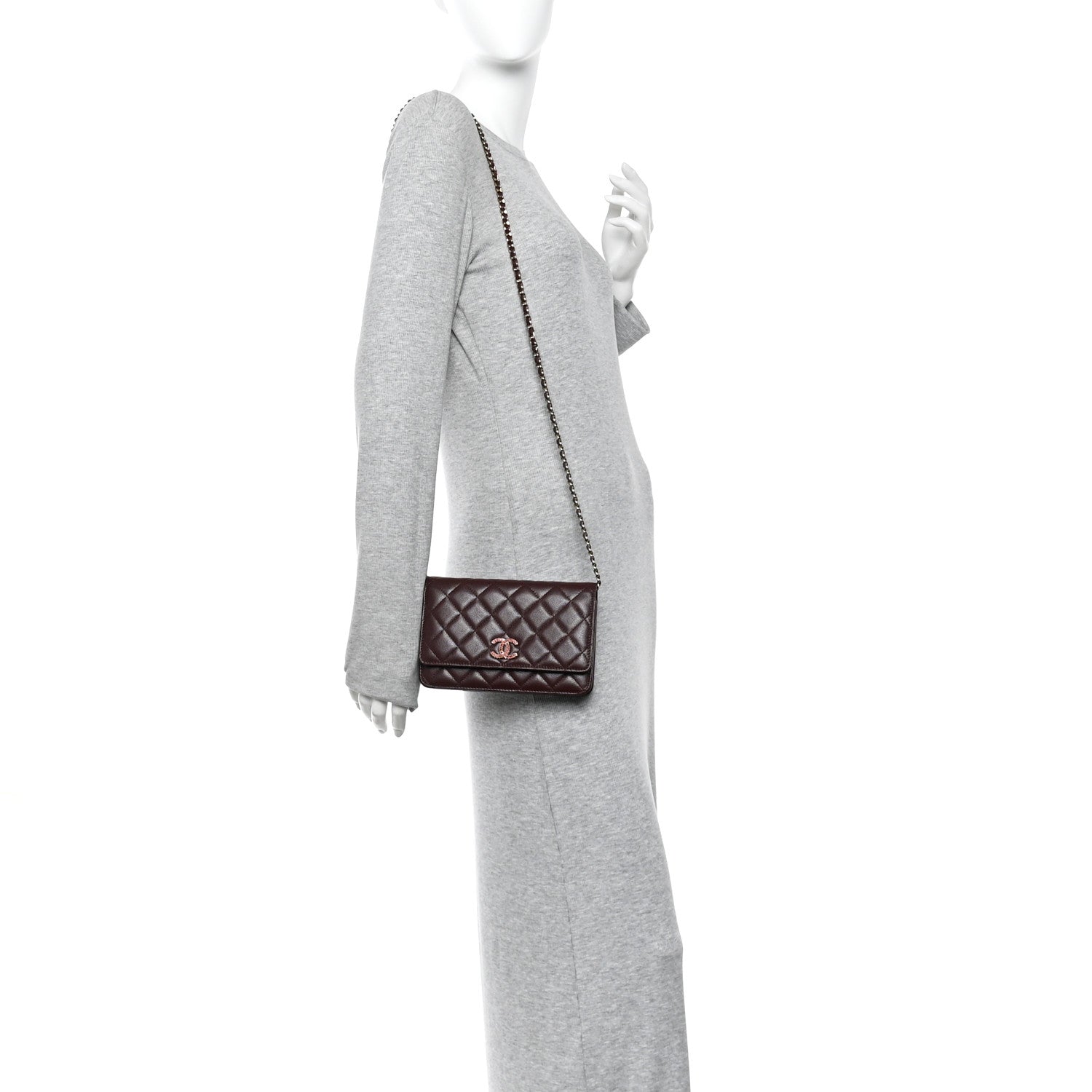 Chanel Shiny Caviar Quilted Strass Wallet On Chain WOC Bordeaux