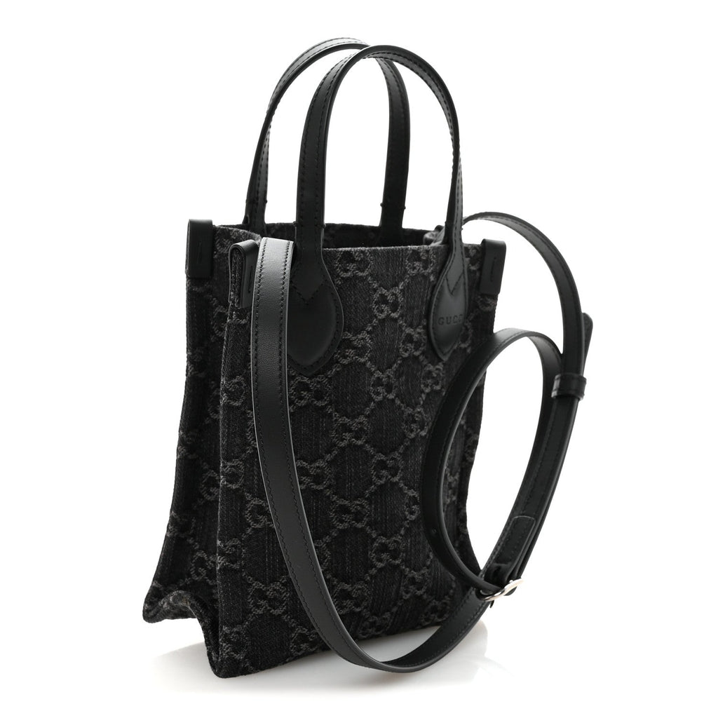 Gucci Denim Cuoio Harness GG Monogram Mini Ophidia Tote Bag  Black Medium Grey
