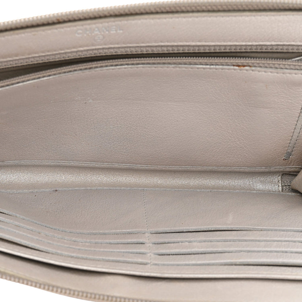 Metallic Goatskin Camellia Embossed Zip Around Wallet Silver