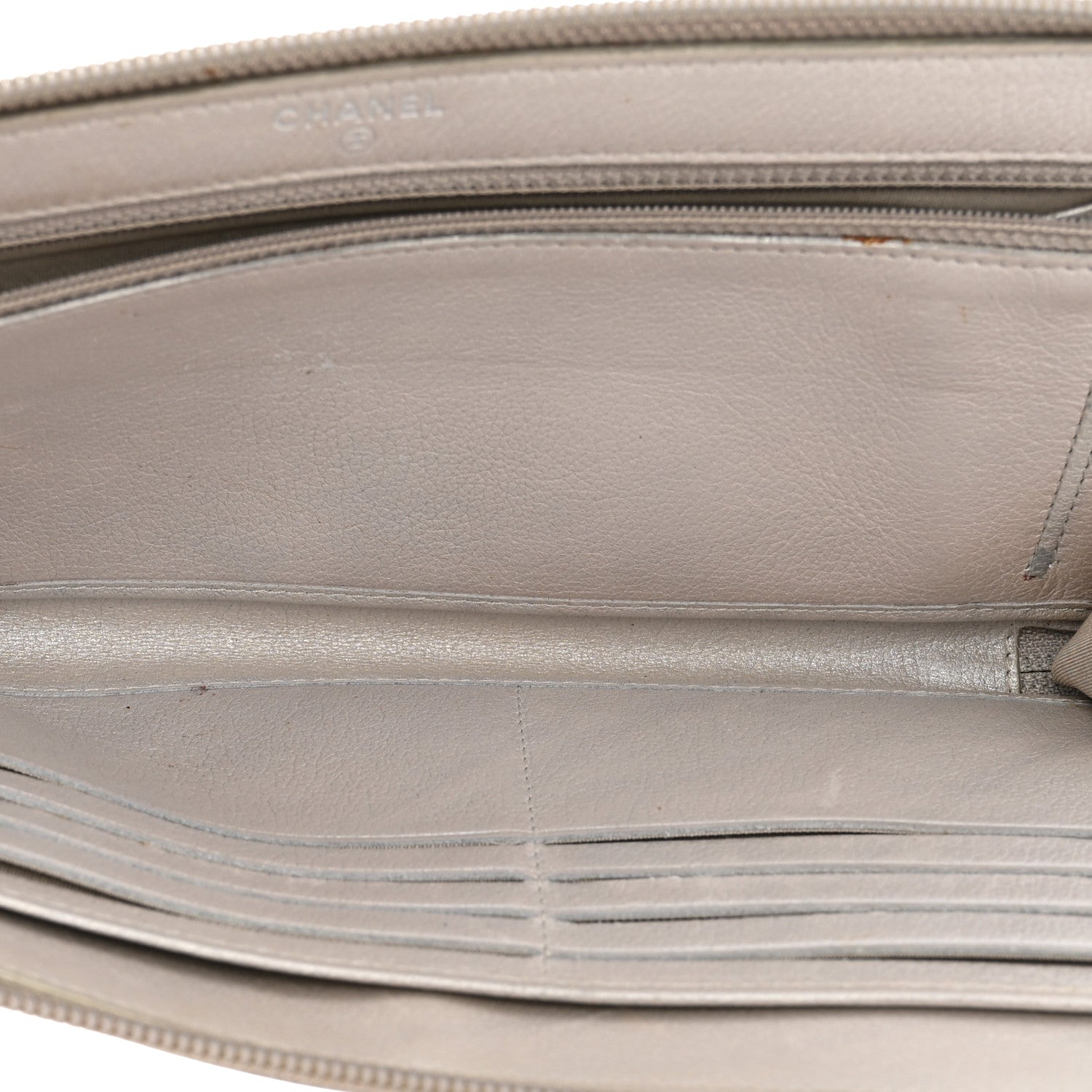 Metallic Goatskin Camellia Embossed Zip Around Wallet Silver