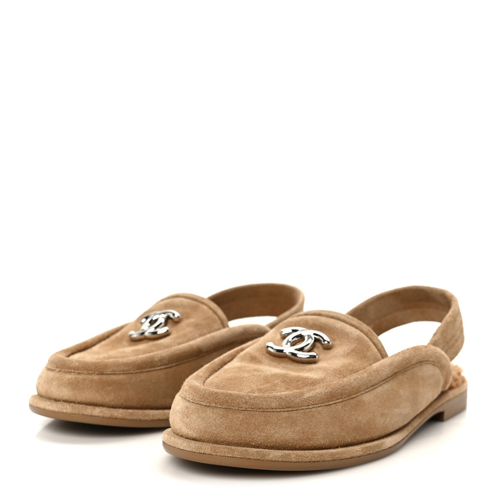 Chanel Suede Calfskin CC Slingback Loafers 35 Dark Beige
