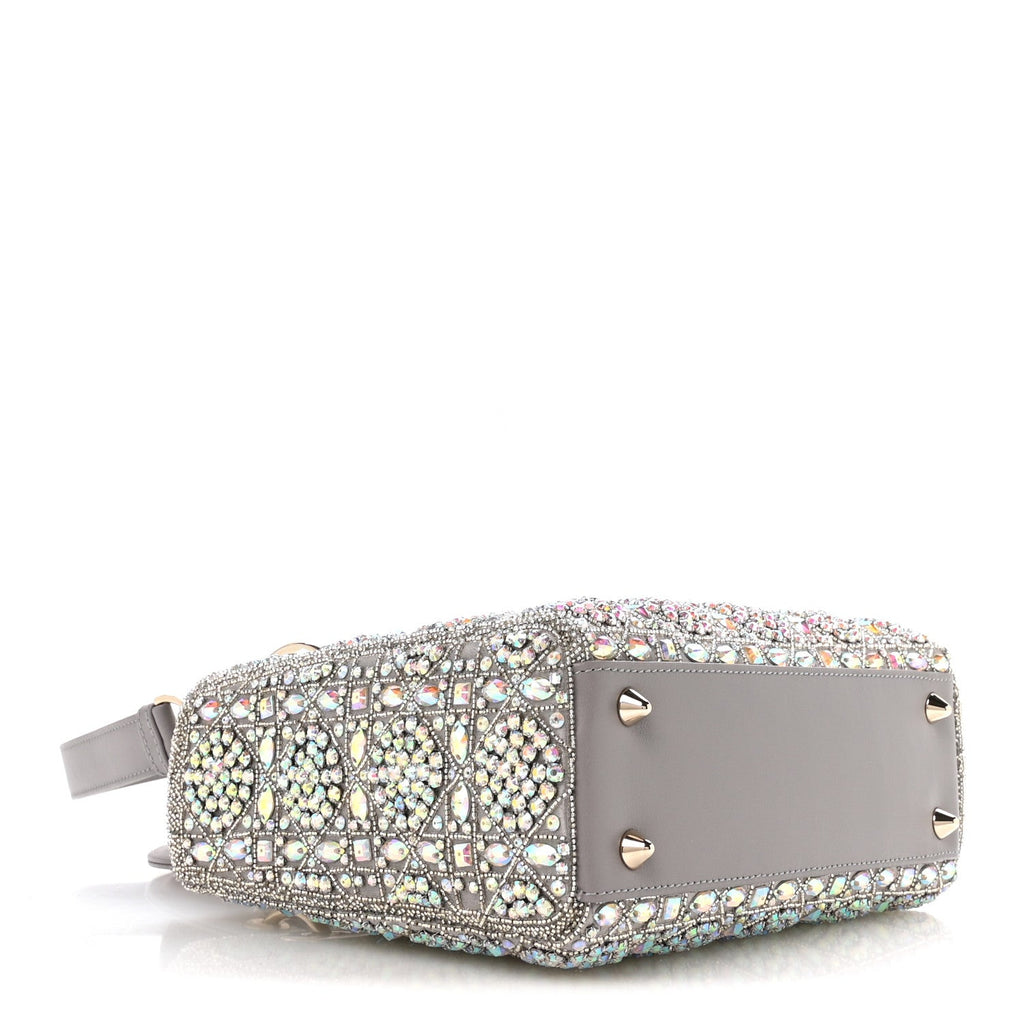Christian Dior Calfskin Satin Celestial Bead Embroidery Embroidered Small Lady Dior Grey Multicolor