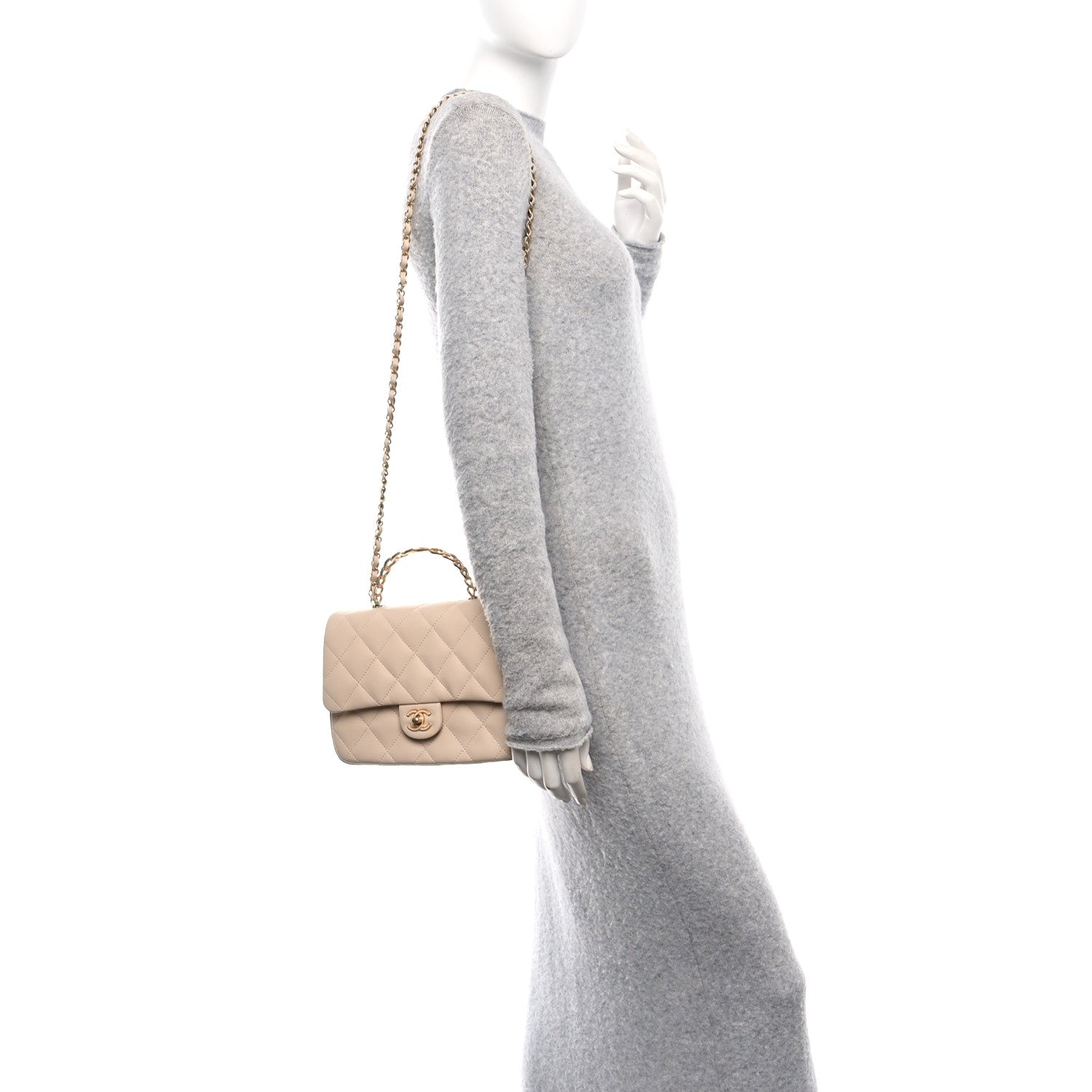 Chanel Lambskin Quilted Metal Enamel Chain Top Handle Square Flap Beige