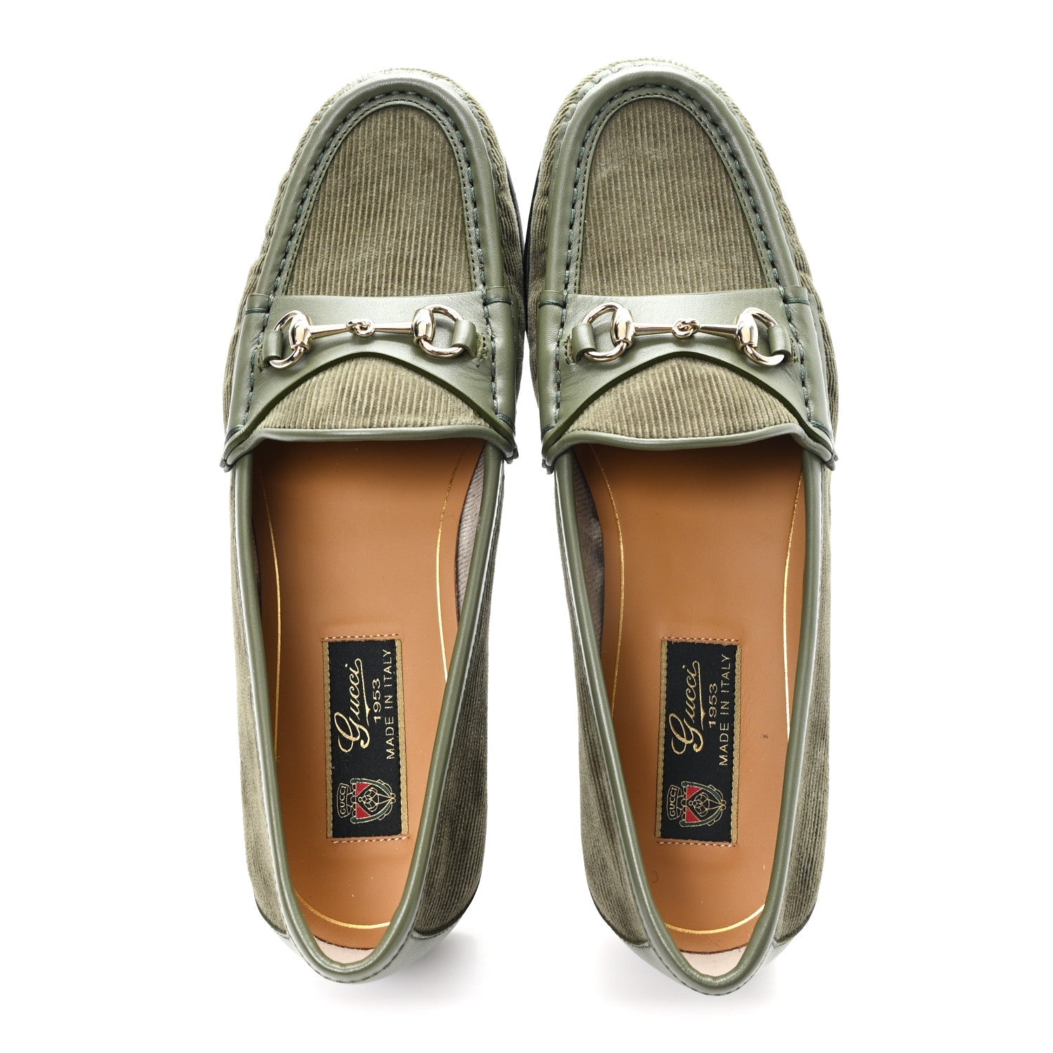 Gucci Corduroy Womens 1953 Horsebit Loafers 37.5 Sweet Military
