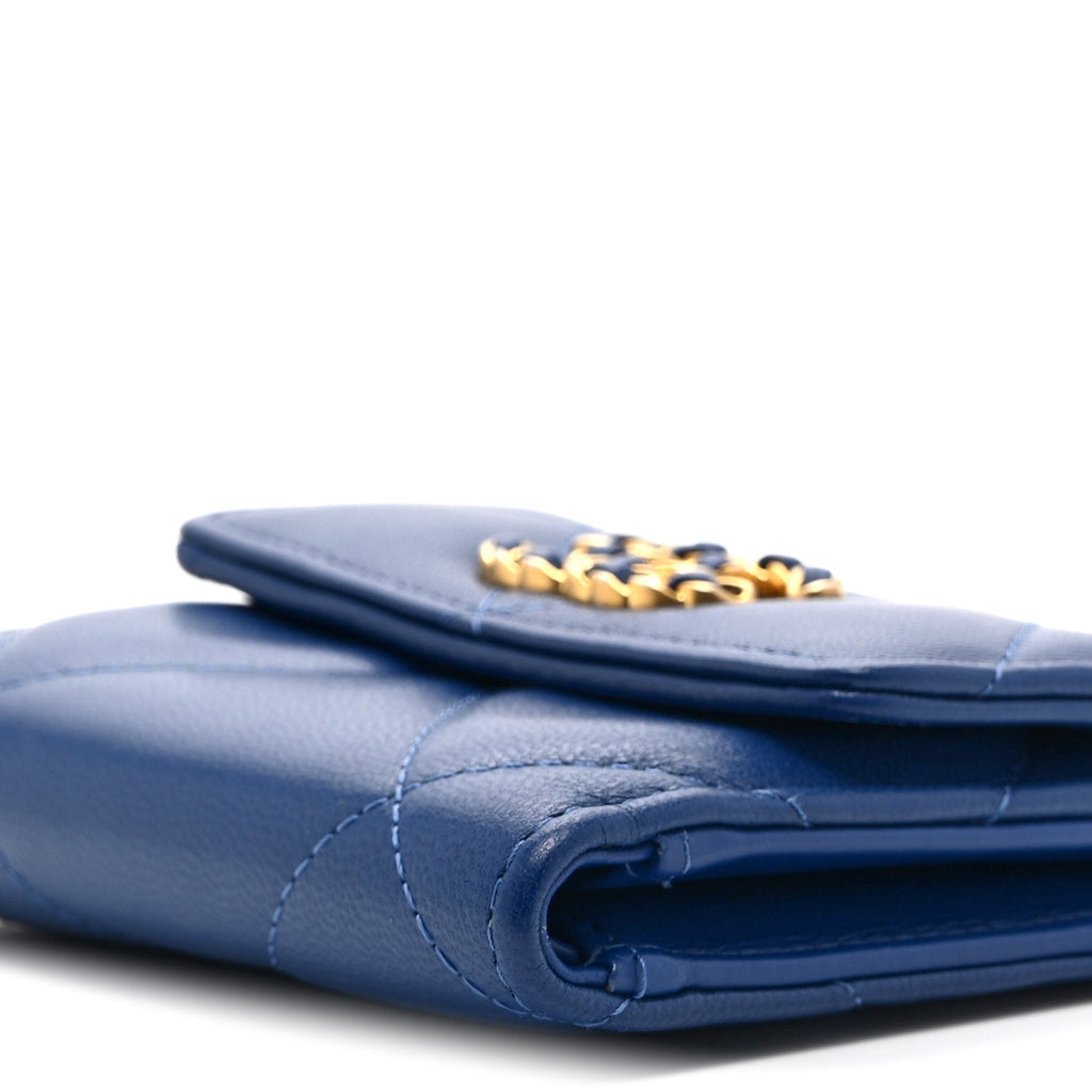 Goatskin Quilted Chanel 19 Small Flap Wallet  Blue