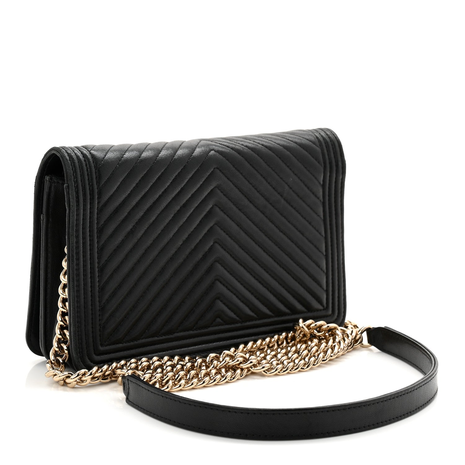 Chanel Lambskin Chevron Boy Wallet On Chain WOC Black