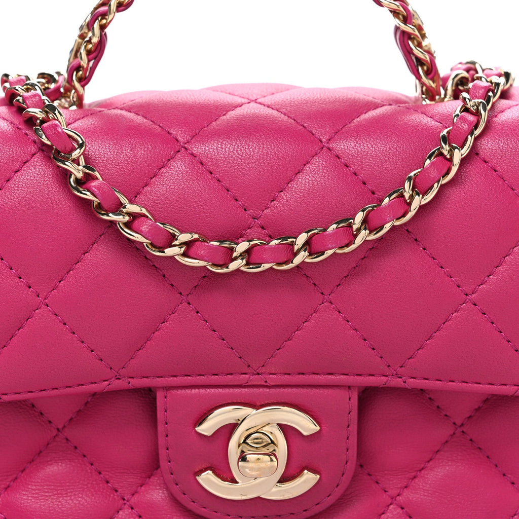 Chanel Lambskin Quilted Mini Crystal Top Handle Rectangular Flap Dark Pink