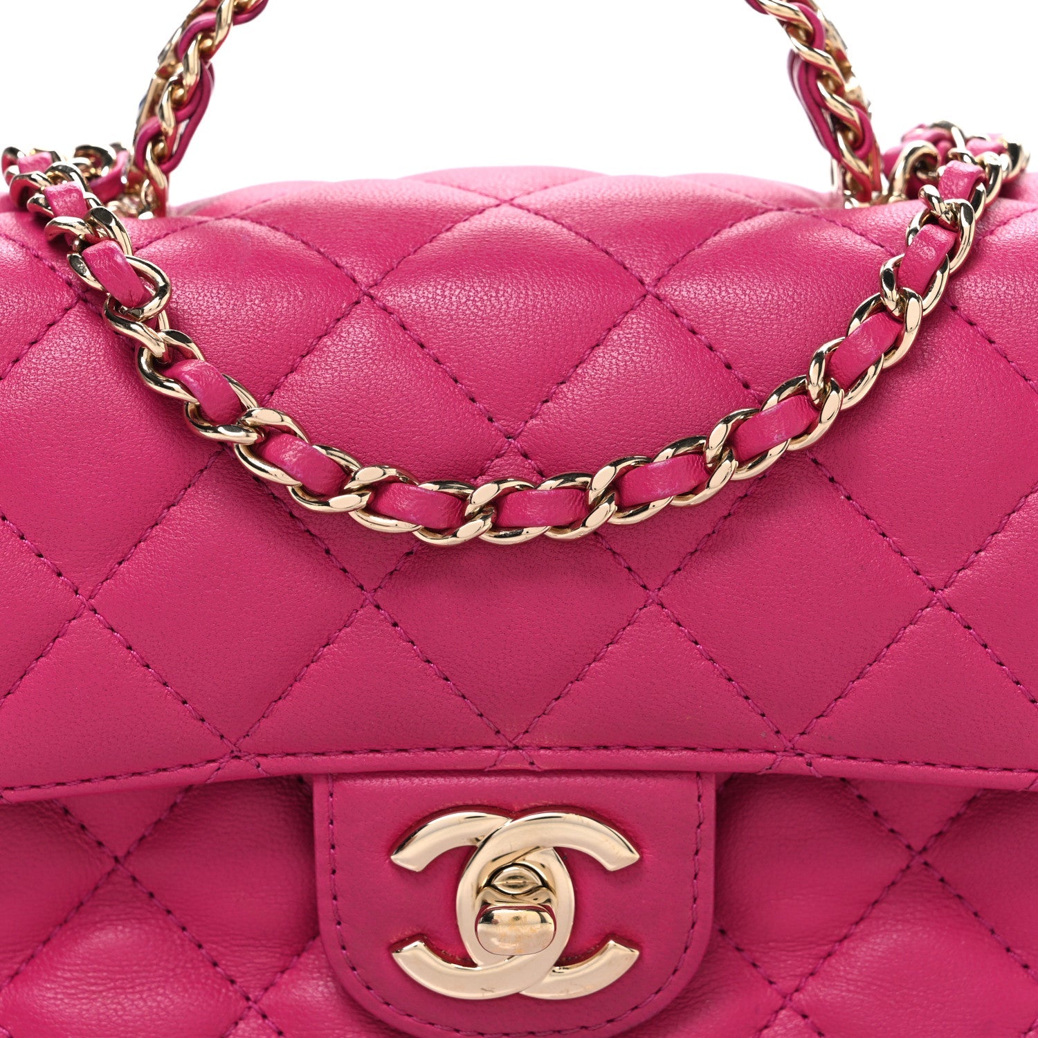 Chanel Lambskin Quilted Mini Crystal Top Handle Rectangular Flap Dark Pink