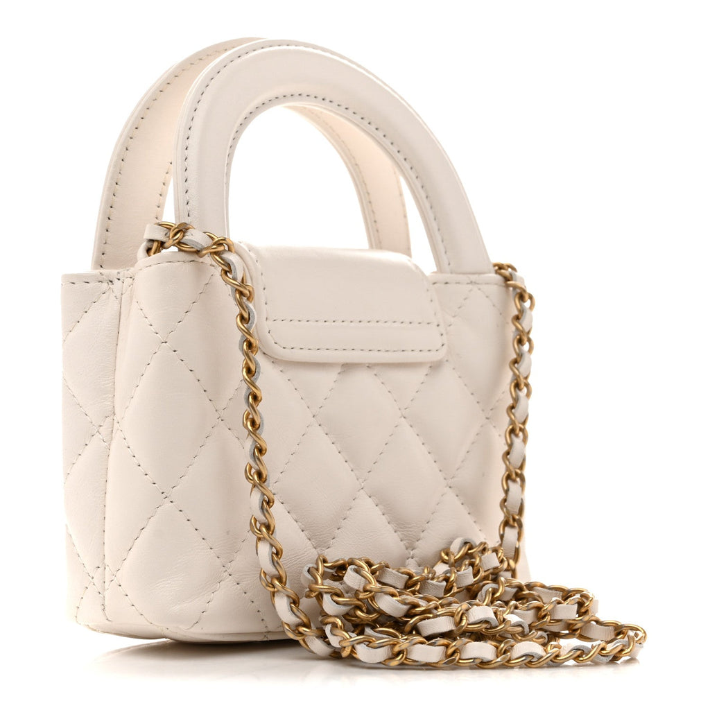 Chanel Shiny Aged Calfskin Quilted Mini Nano Kelly Shopper White