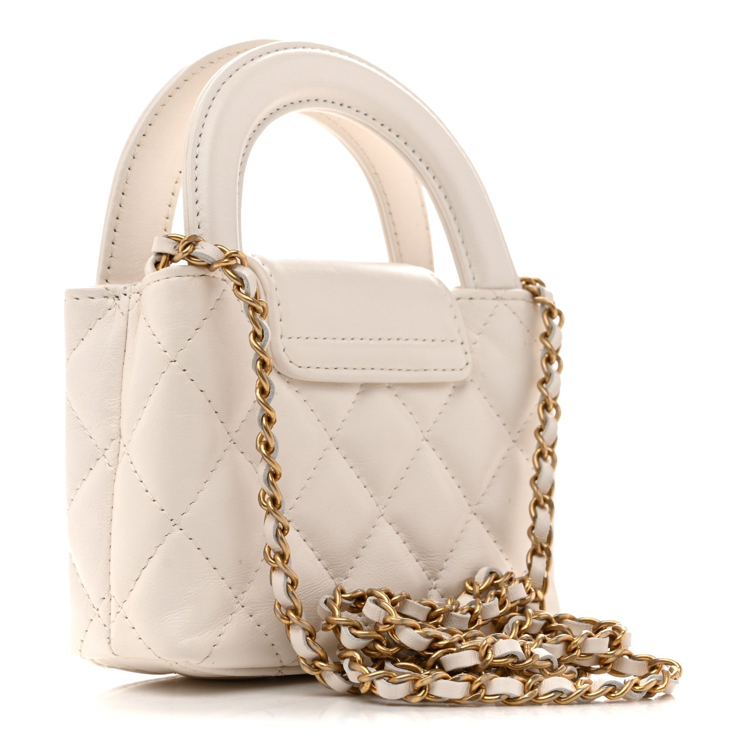 Chanel Shiny Aged Calfskin Quilted Mini Nano Kelly Shopper White