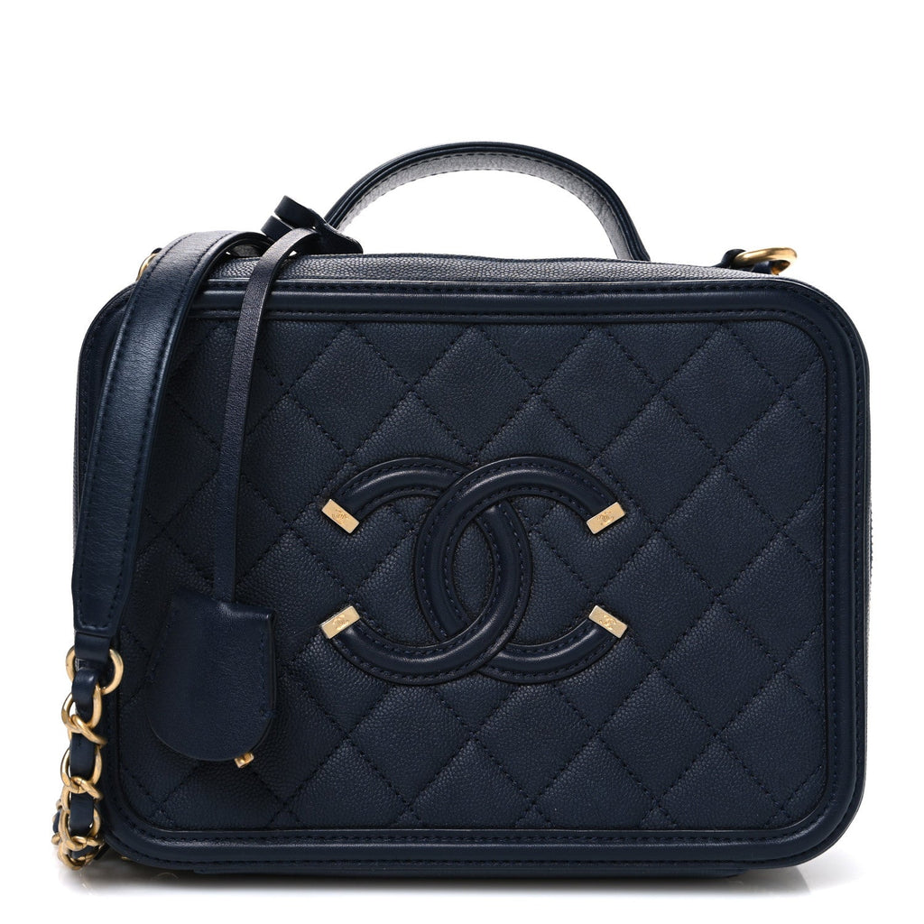 Chanel Caviar Quilted Medium CC Filigree Vanity Case Navy