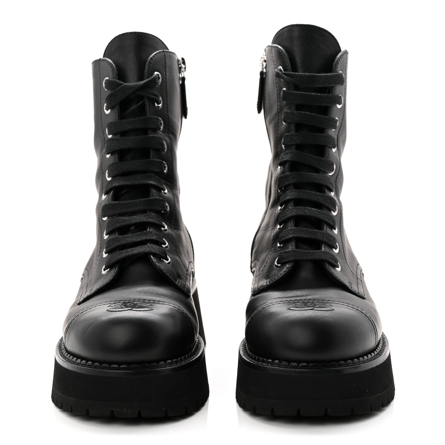 Calfskin Cap Toe Lace Up Combat Boots 39 Black