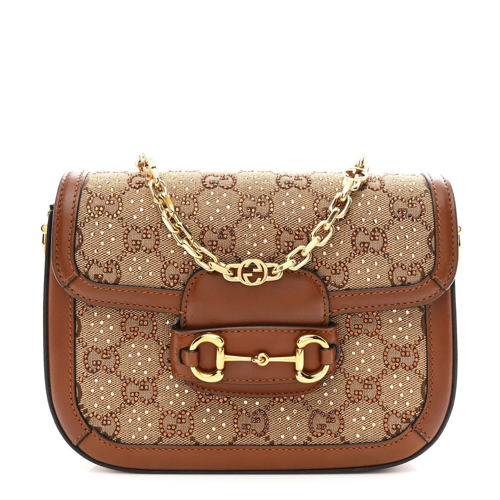 Gucci New Canvas Charisma Calfskin Crystal GG Monogram Mini Horsebit 1955 Shoulder Bag Camel Ebony