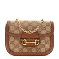 Gucci New Canvas Charisma Calfskin Crystal GG Monogram Mini Horsebit 1955 Shoulder Bag Camel Ebony