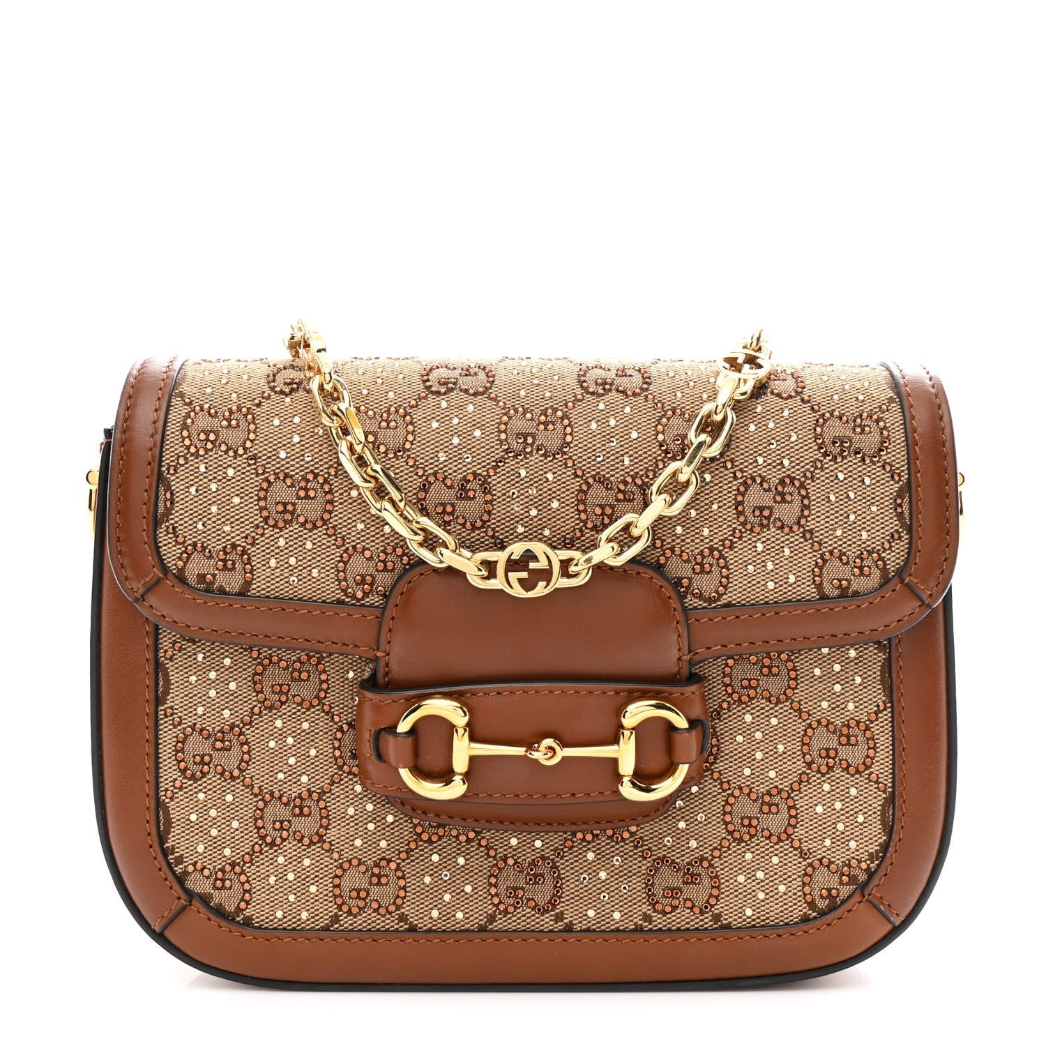 Gucci New Canvas Charisma Calfskin Crystal GG Monogram Mini Horsebit 1955 Shoulder Bag Camel Ebony