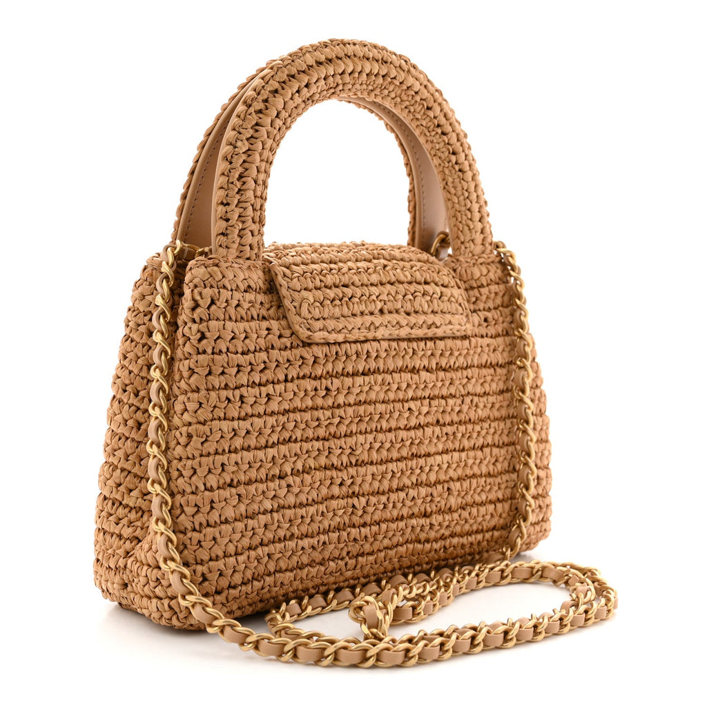 Chanel Braided Raffia Nano Kelly Flap Bag Dark Beige