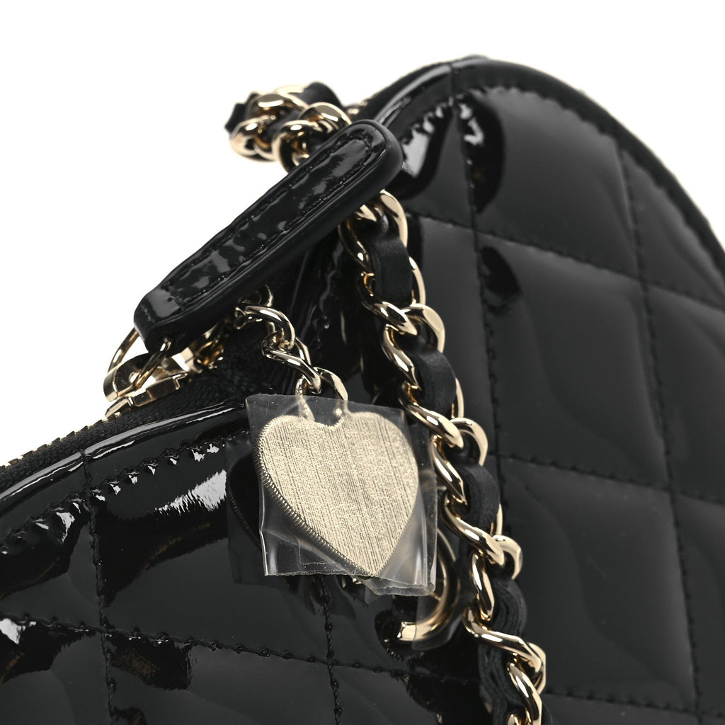 Chanel Patent Calfskin Resin Quilted CC Heart Clutch With Chain Black