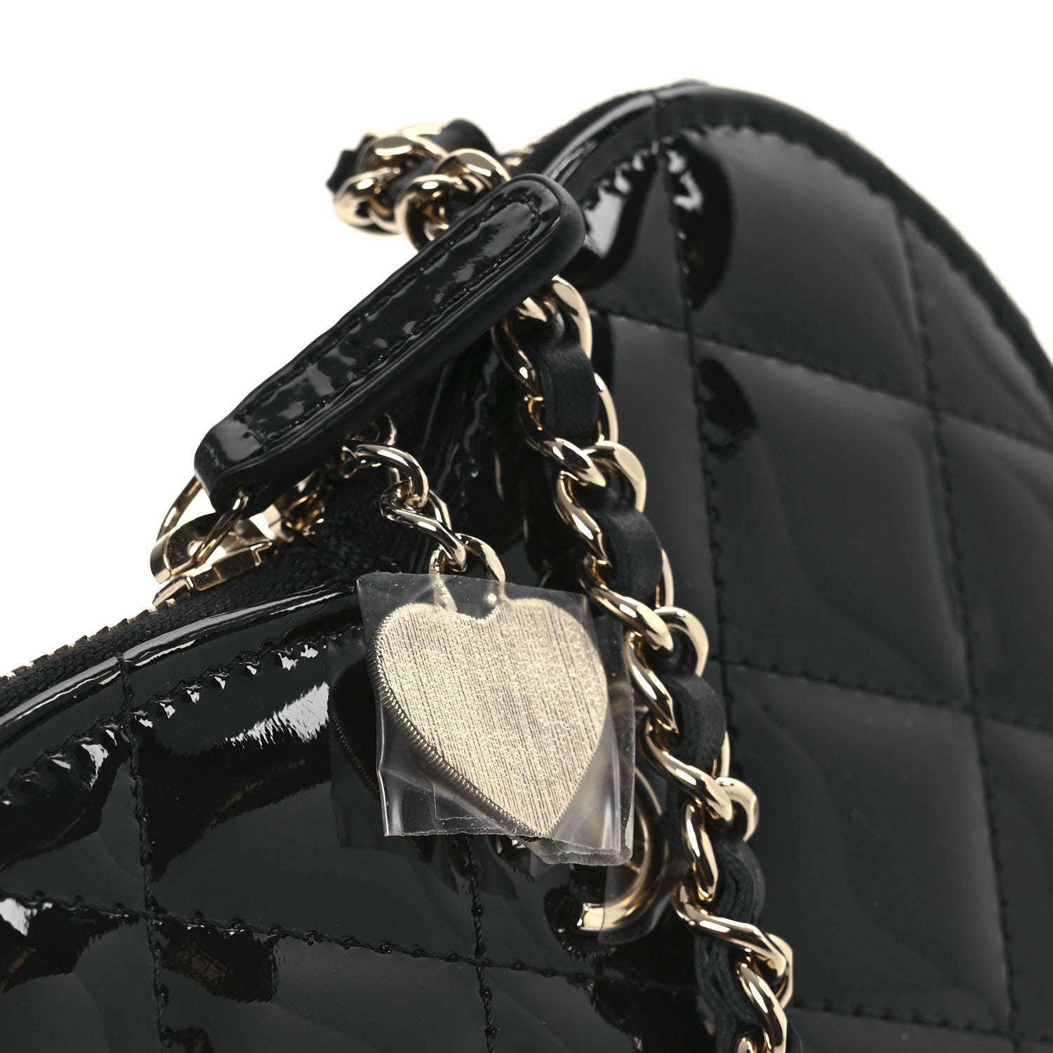 Chanel Patent Calfskin Resin Quilted CC Heart Clutch With Chain Black