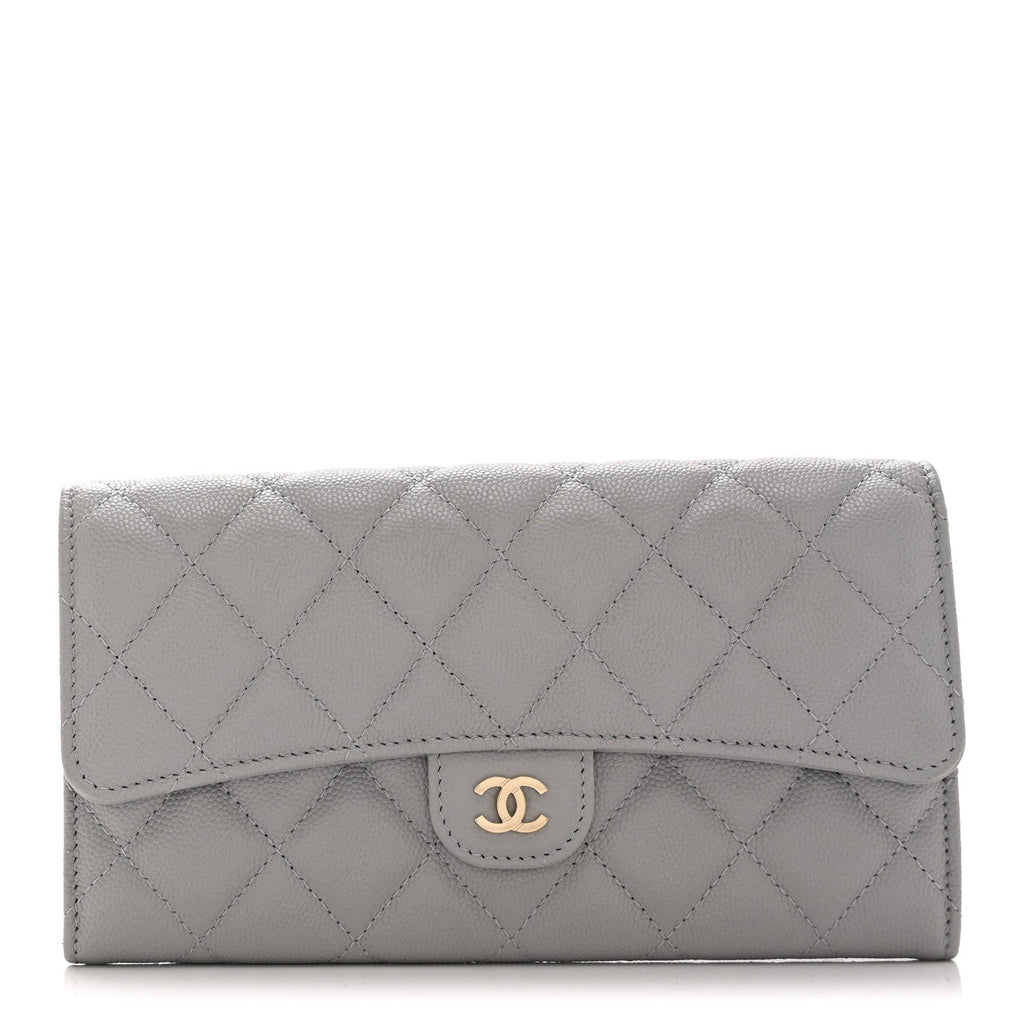 Caviar Quilted Large Gusset Flap Wallet Grey