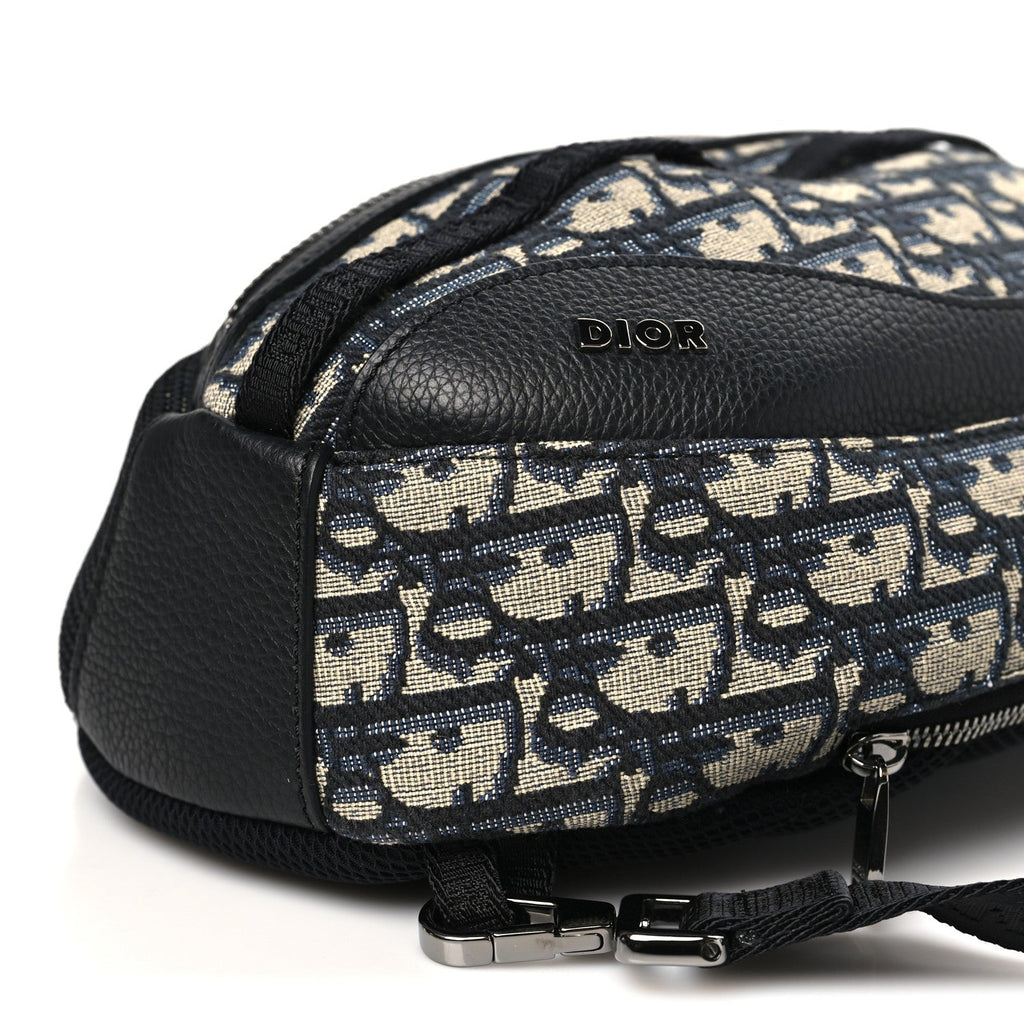 Christian Dior Grained Calfskin Oblique Scarab Sling Bag Blue Black